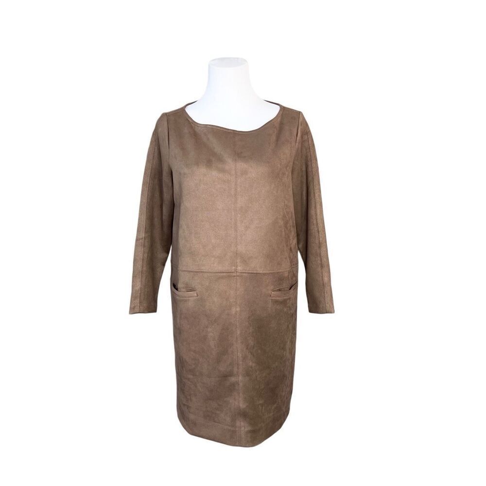 Ann Taylor Seamed Faux Suede Brown Shift Dress 8P Petite Drop Waist Earth Tones